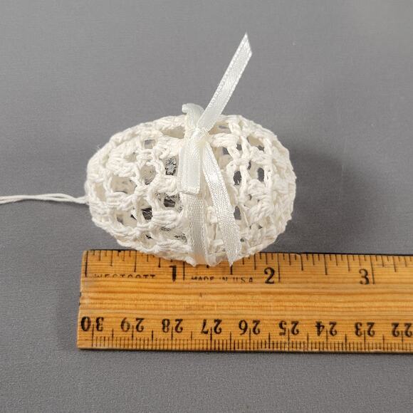 Set of 2 Eggs White Handmade Crochet Hanging Lace Ornaments with Ribbon Bows - Picture 7 of 10